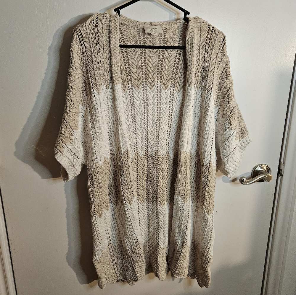 Loft Beige and White Knit Boho Open Cardigan